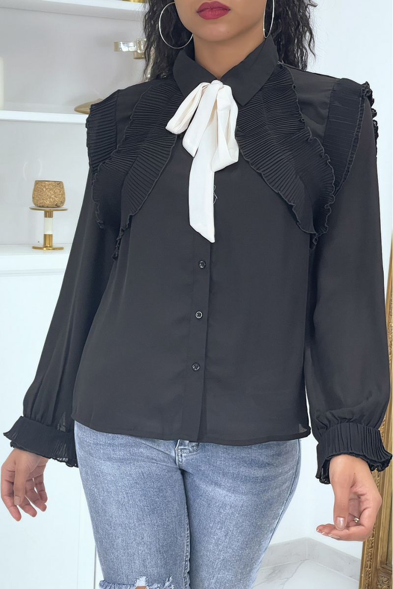Black shirt with pleated ruffle and bow at the collar - 2