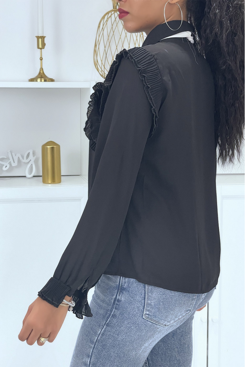 Black shirt with pleated ruffle and bow at the collar - 4