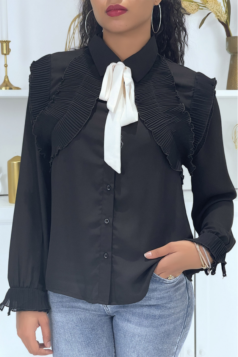 Black shirt with pleated ruffle and bow at the collar - 5