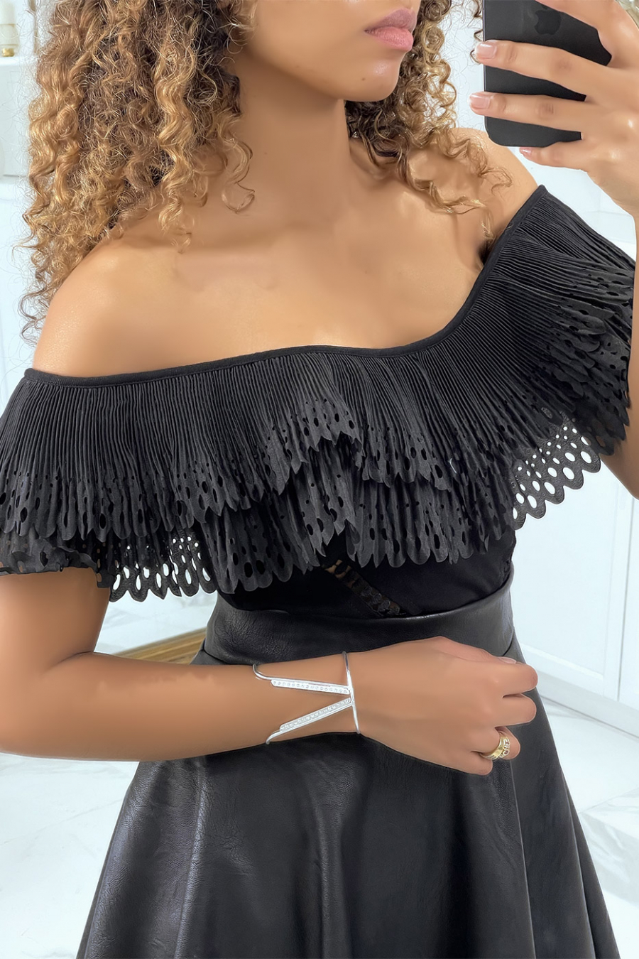 Black boat neck bodysuit with ruffles - 3