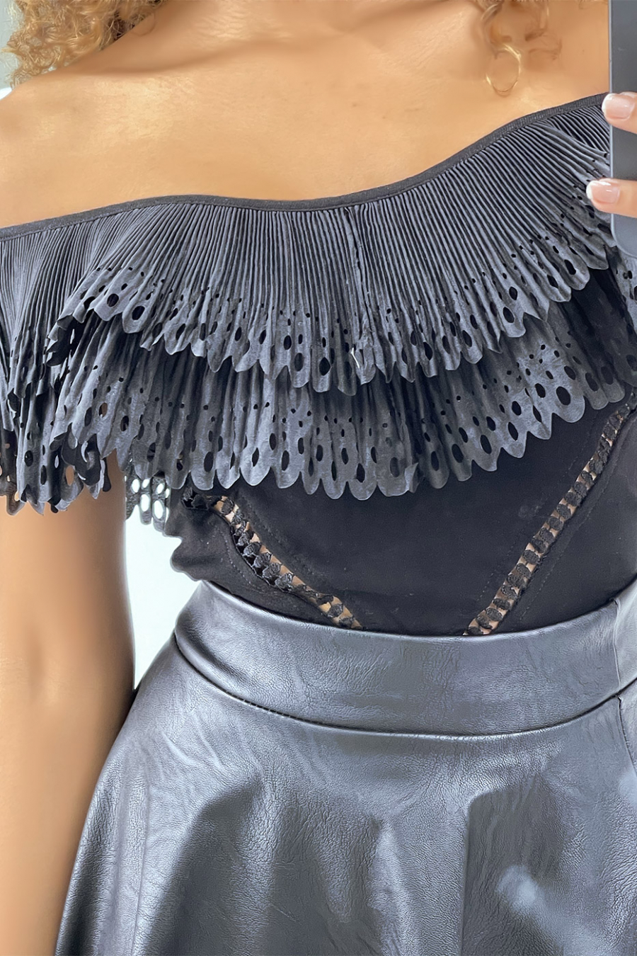 Black boat neck bodysuit with ruffles - 6