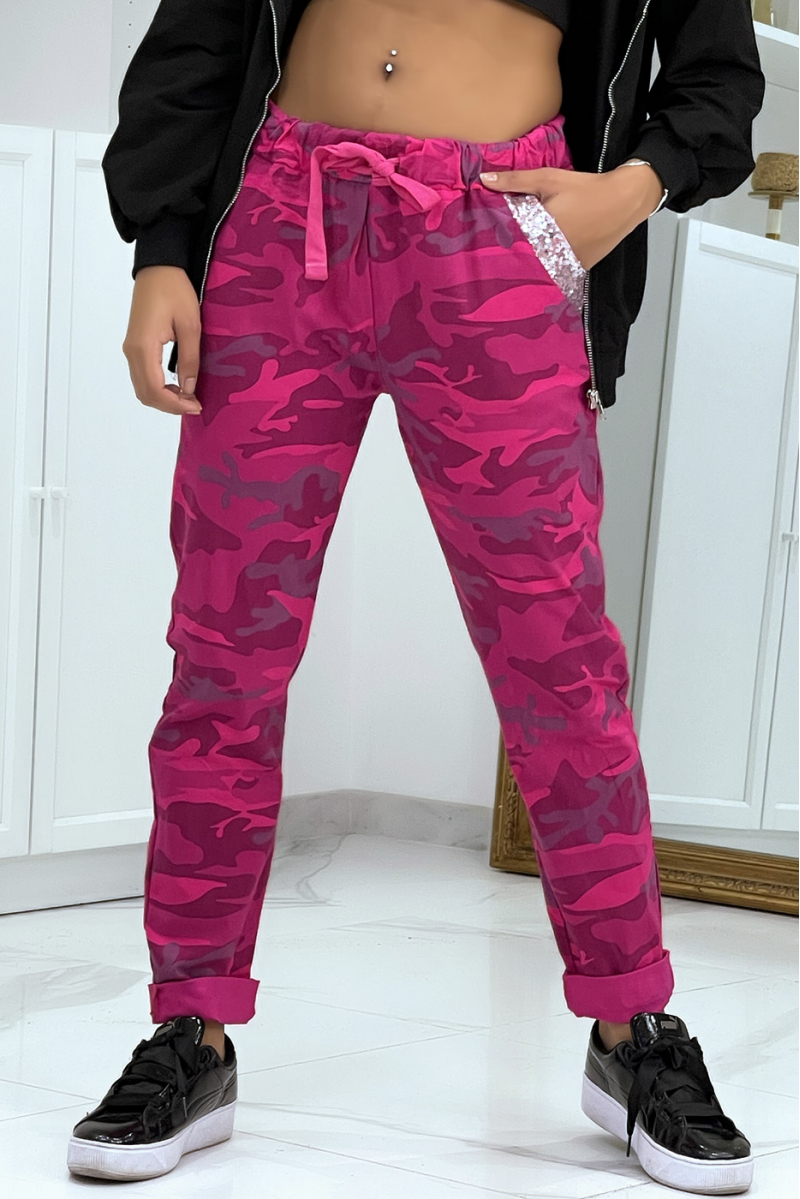Fuchsia camouflage jegging met strass details - 1