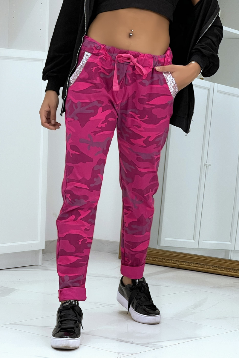 Fuchsia camouflage jeggings with rhinestone details - 2