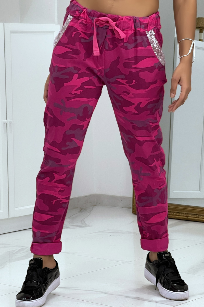 Fuchsia camouflage jeggings with rhinestone details - 4