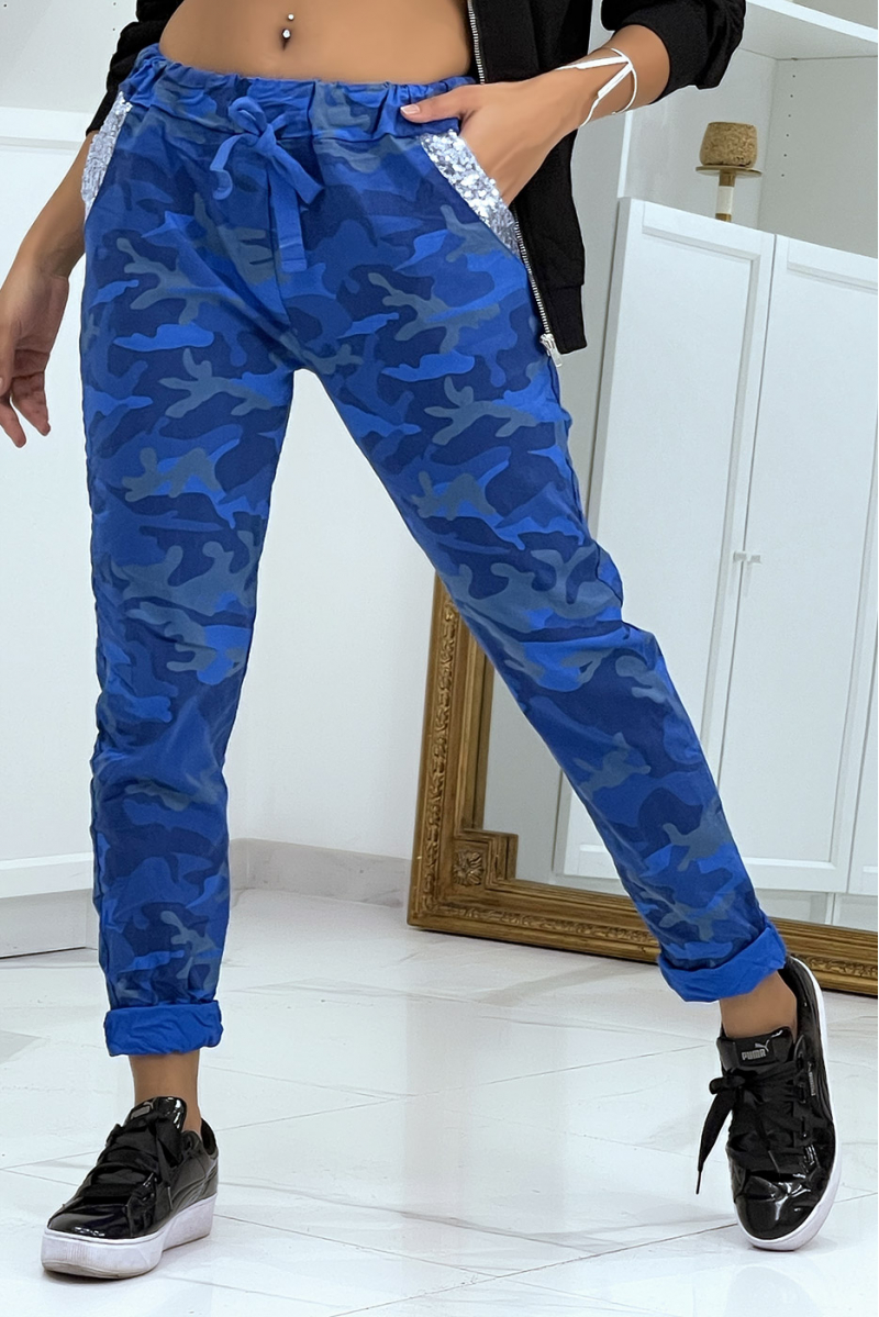 Royal blue camo jeggings with rhinestone details