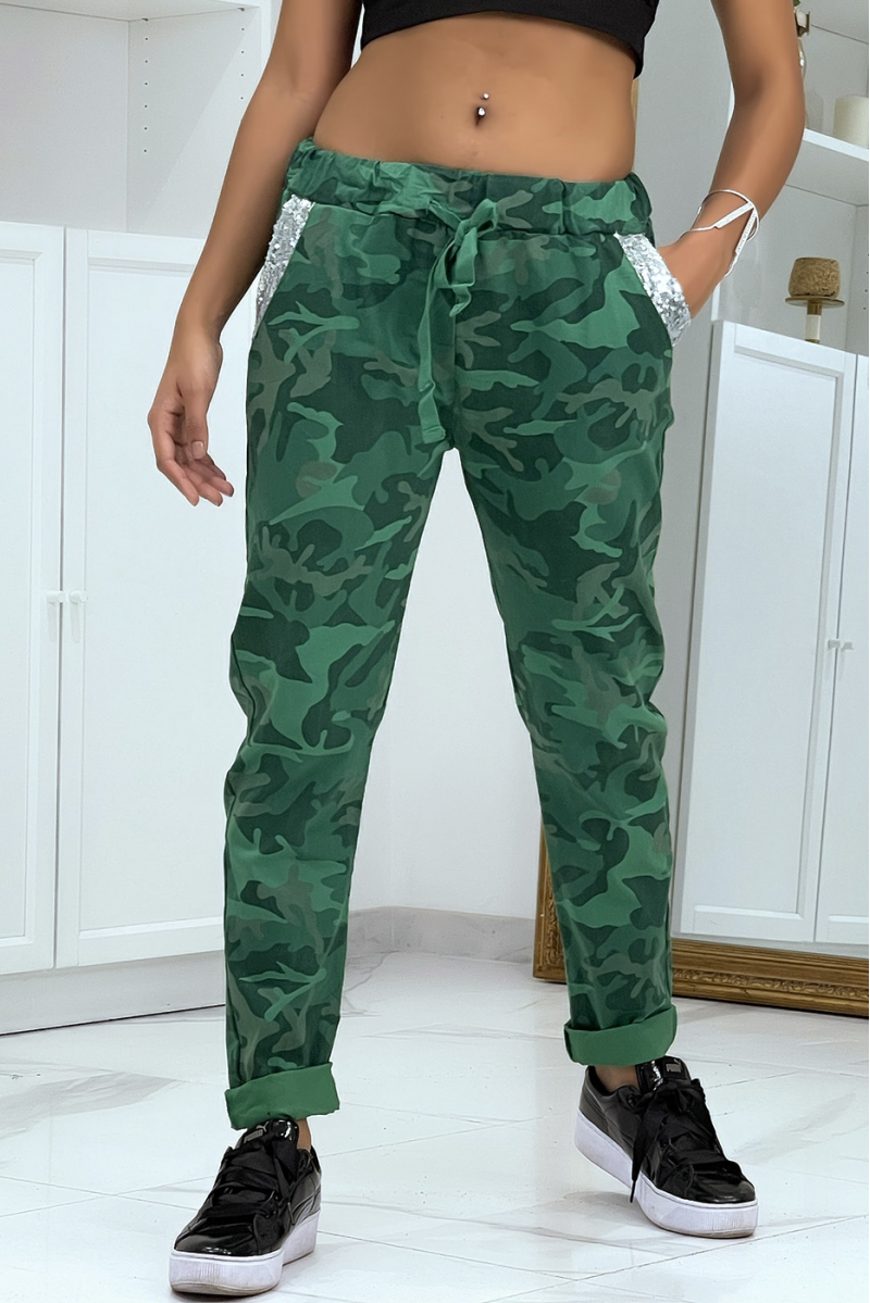 Green camouflage jeggings with rhinestone details - 1