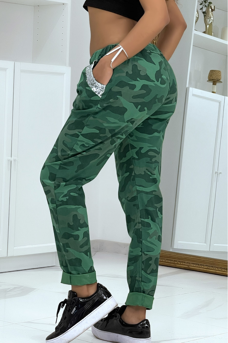 Green camouflage jeggings with rhinestone details - 3