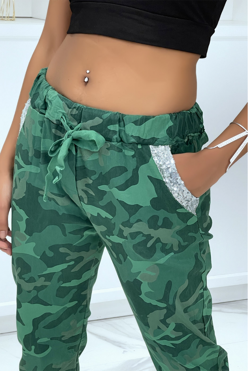 Groene camouflage jegging met strass details - 5