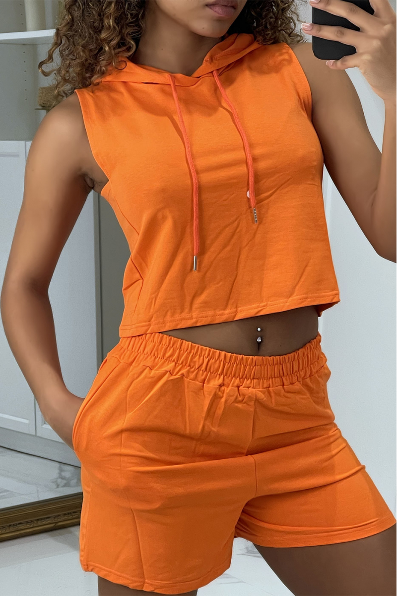 Orange hooded top and shorts set