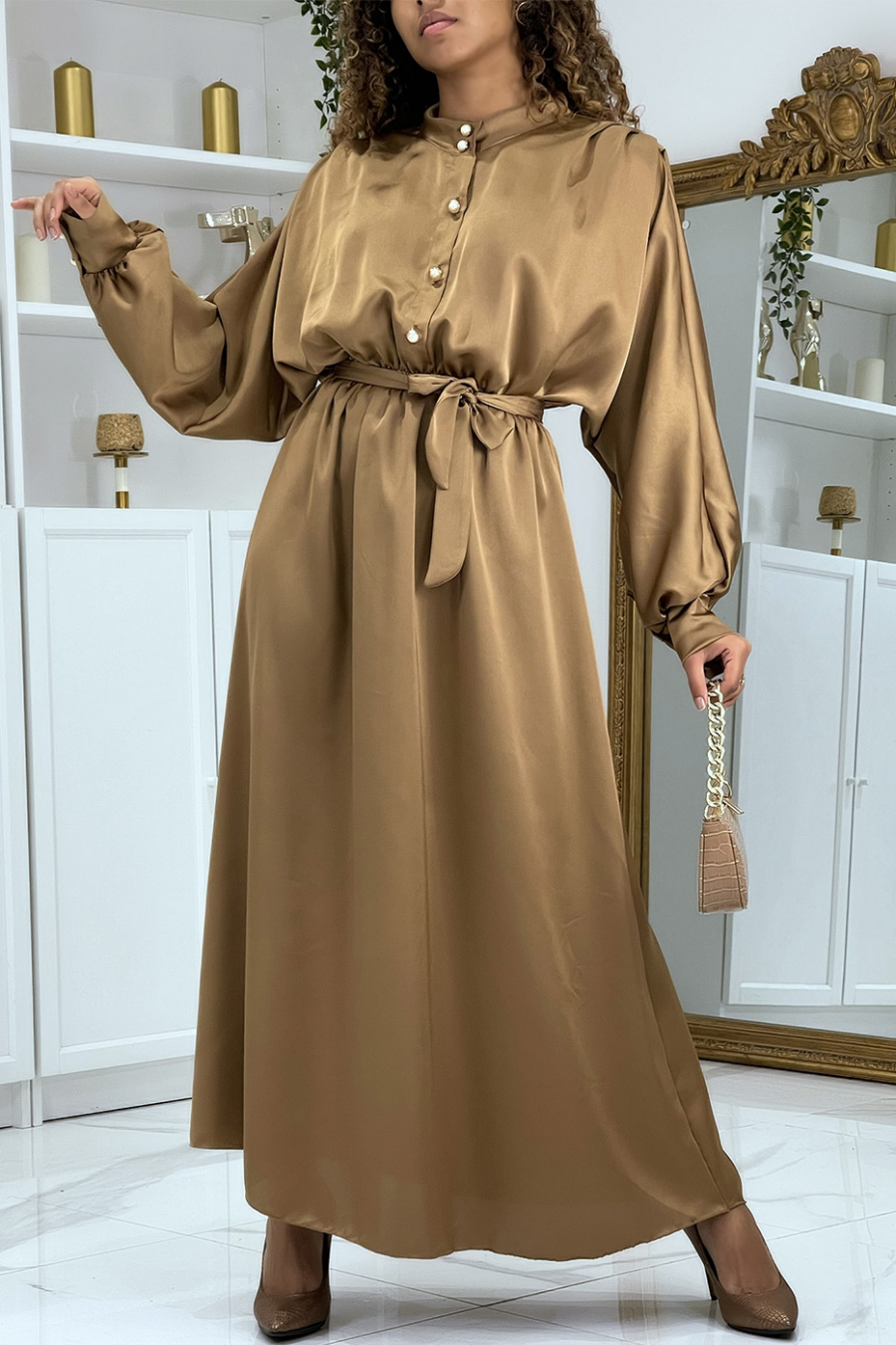 Long camel satin dress with long sleeves - 1