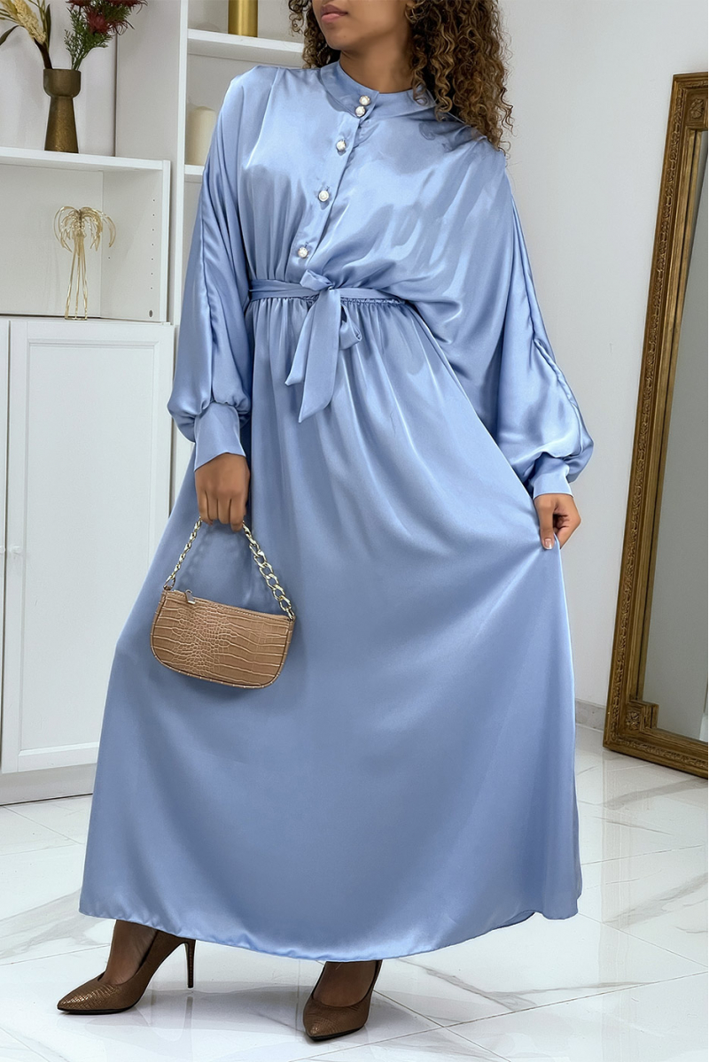 Long blue satin dress with long sleeves - 1