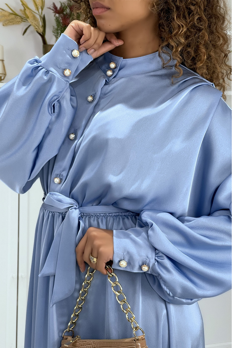 Long blue satin dress with long sleeves - 5