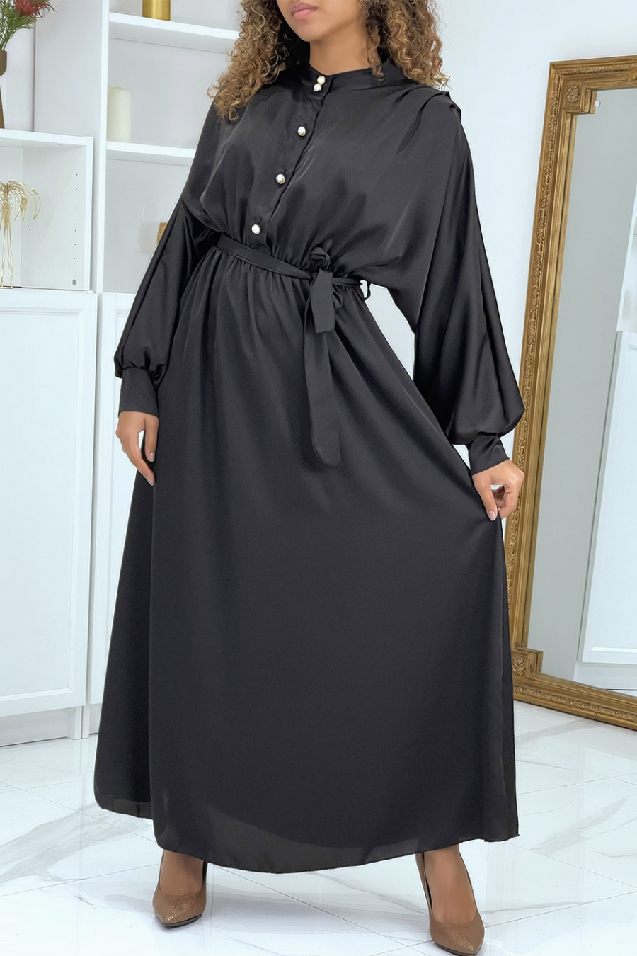 Long black satin dress with long sleeves