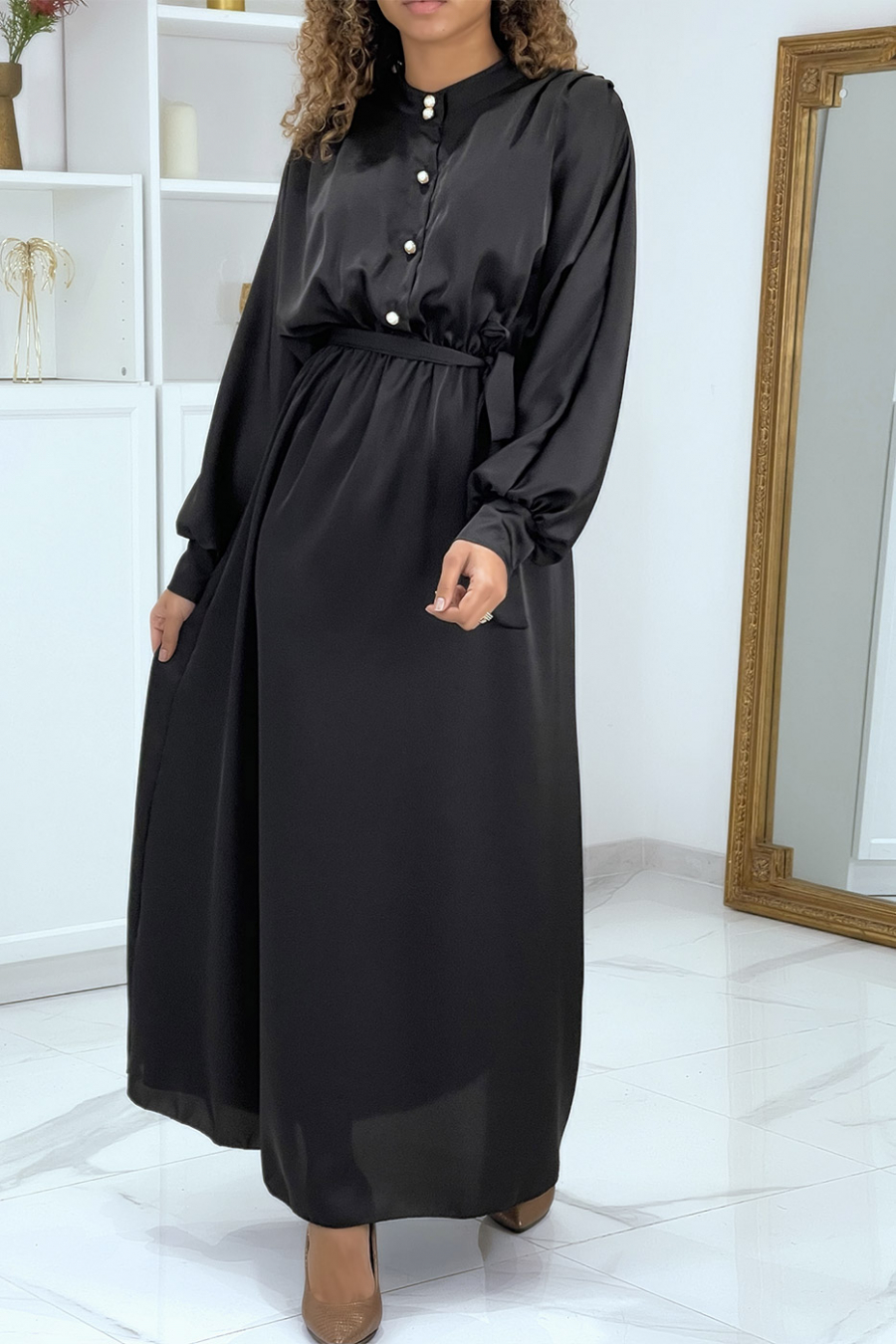 Long black satin dress with long sleeves - 5