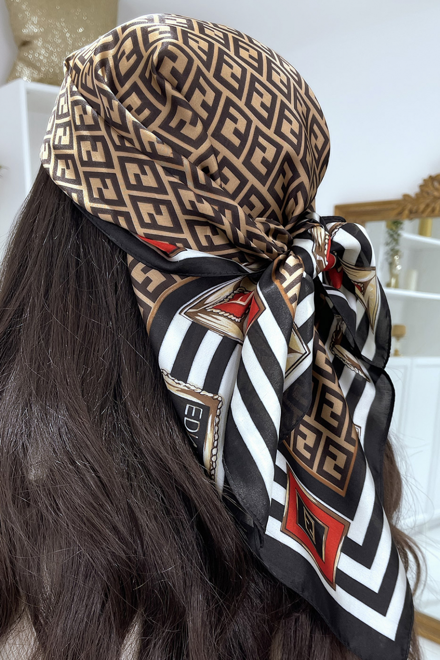 Brown silk scarf with Greek print