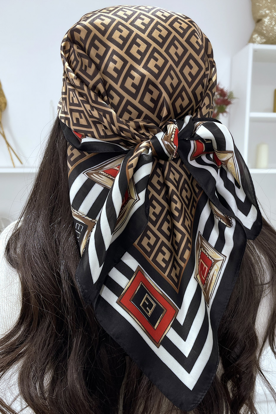 Brown silk scarf with Greek print - 2