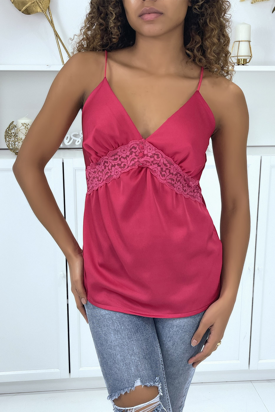 Fuchsiaroze camisole met kanten details - 1