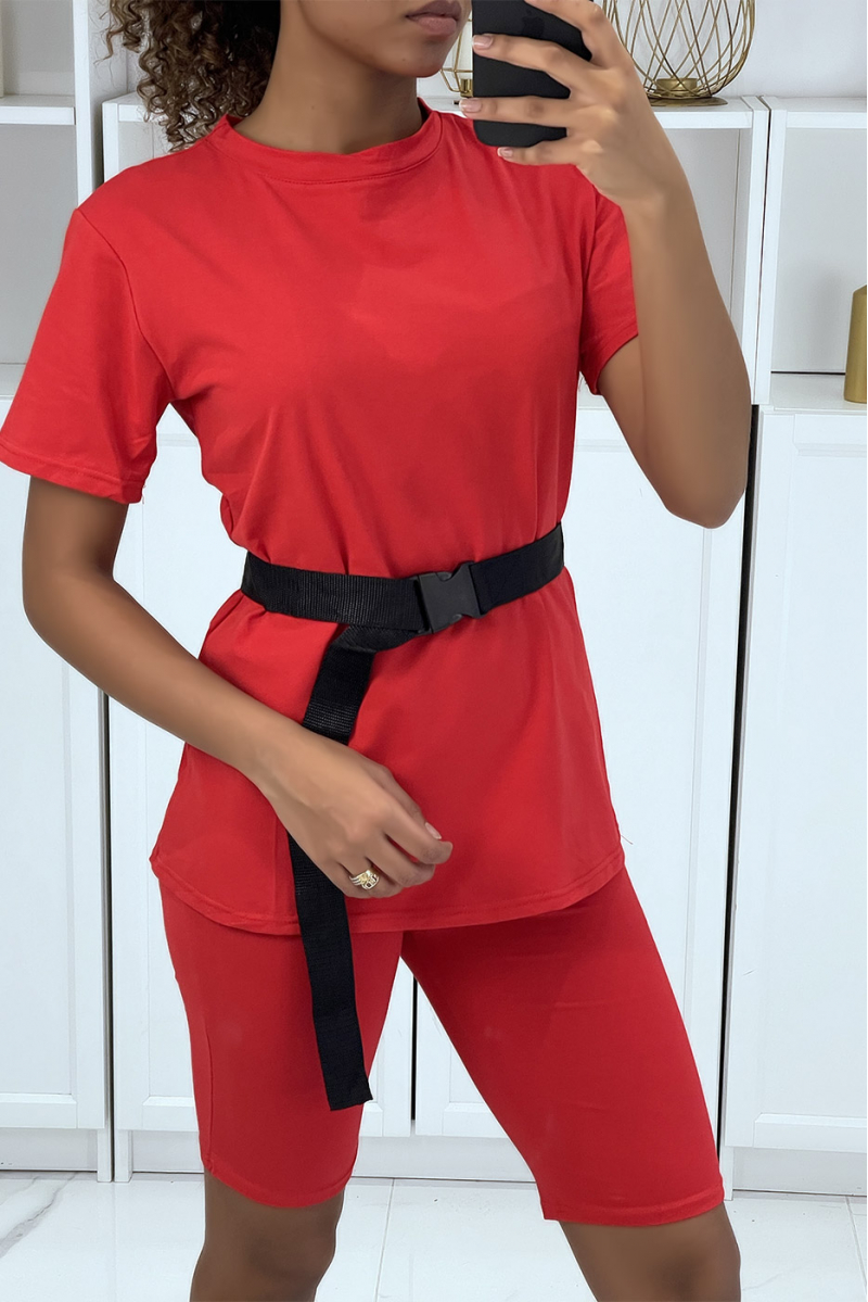 Red t-shirt and biker set with belt - 1