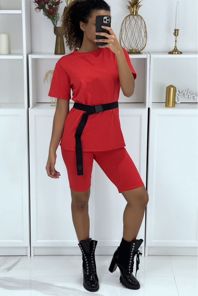 Red t-shirt and biker set with belt - 3