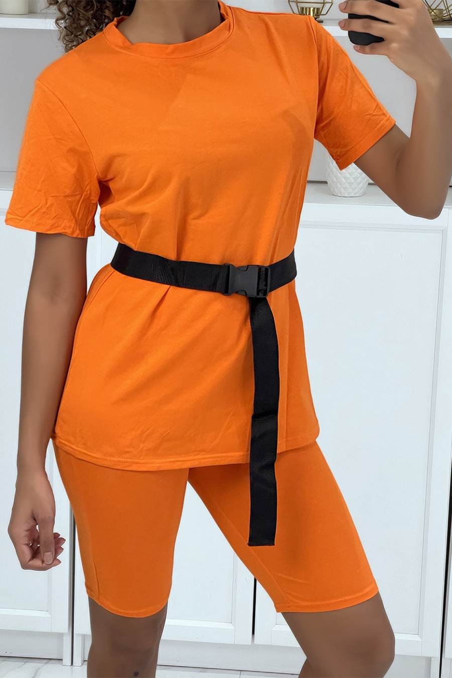 Oranje T-shirt en Biker Set met Riem - 2