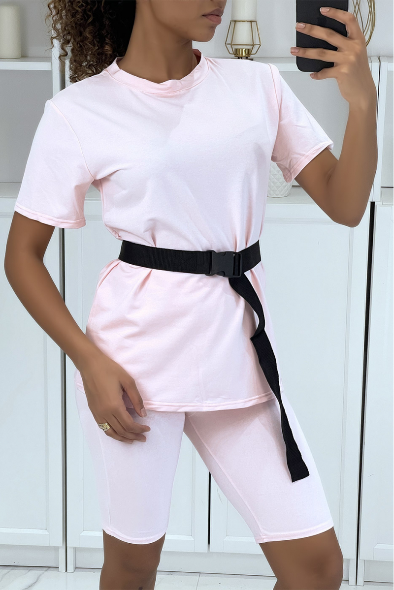 Pink T-shirt and Biker Set with Belt - 1