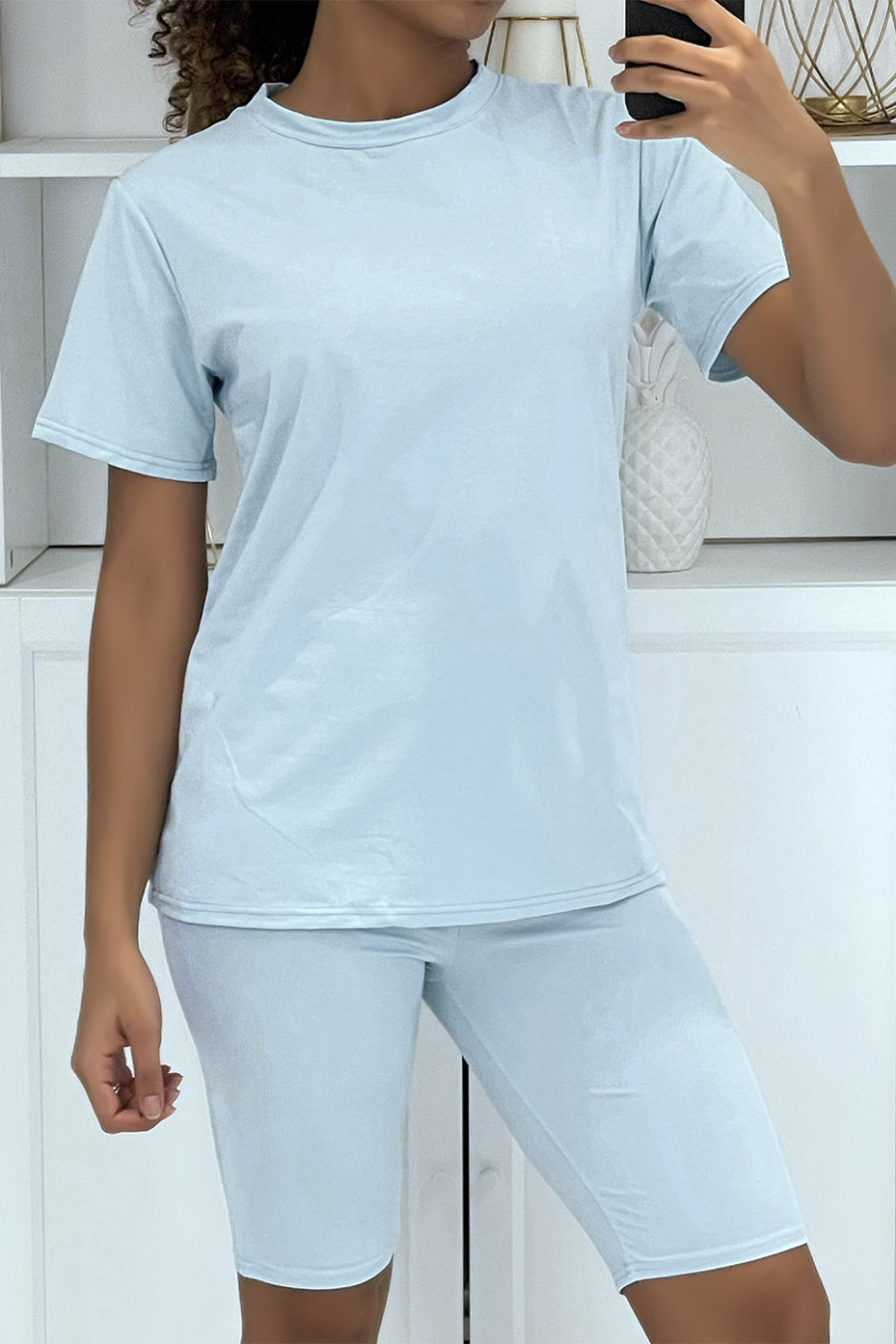 Blauw T-shirt en biker set met riem - 2