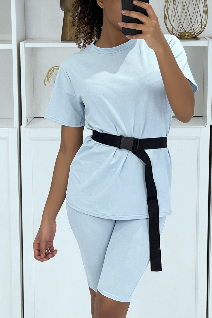 Blue T-shirt and biker set with belt - 4