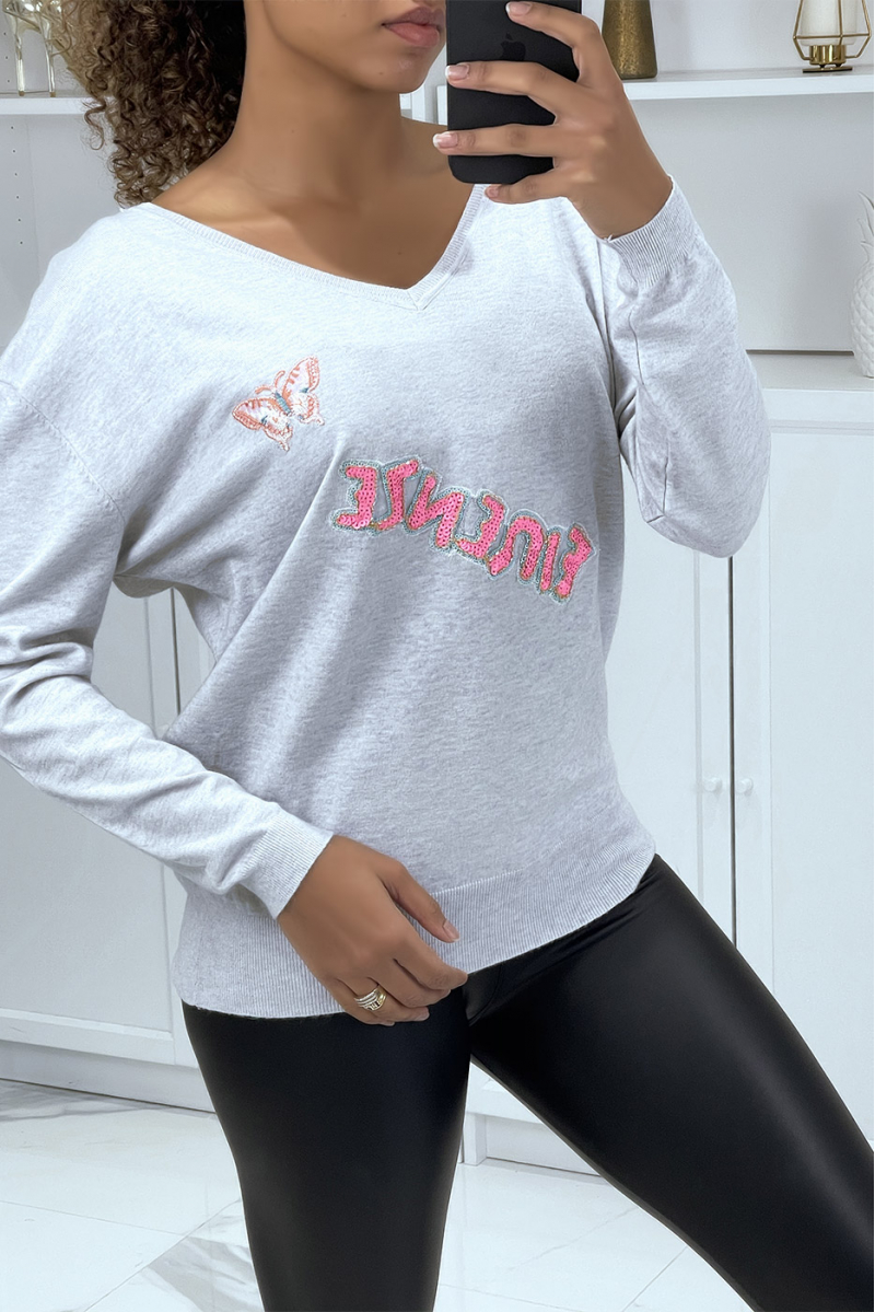 Fluid gray V-neck sweater with inscription - 1