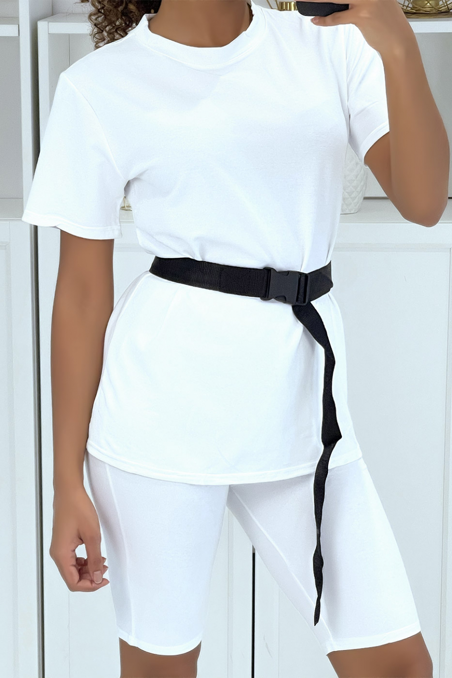 White T-shirt and biker set with belt - 1