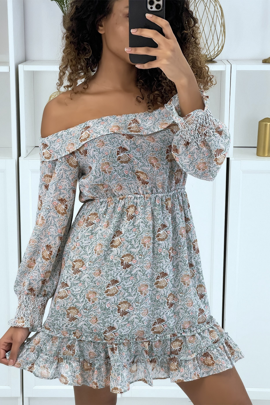 Green Floral Drop Sleeve Skater Dress - 2