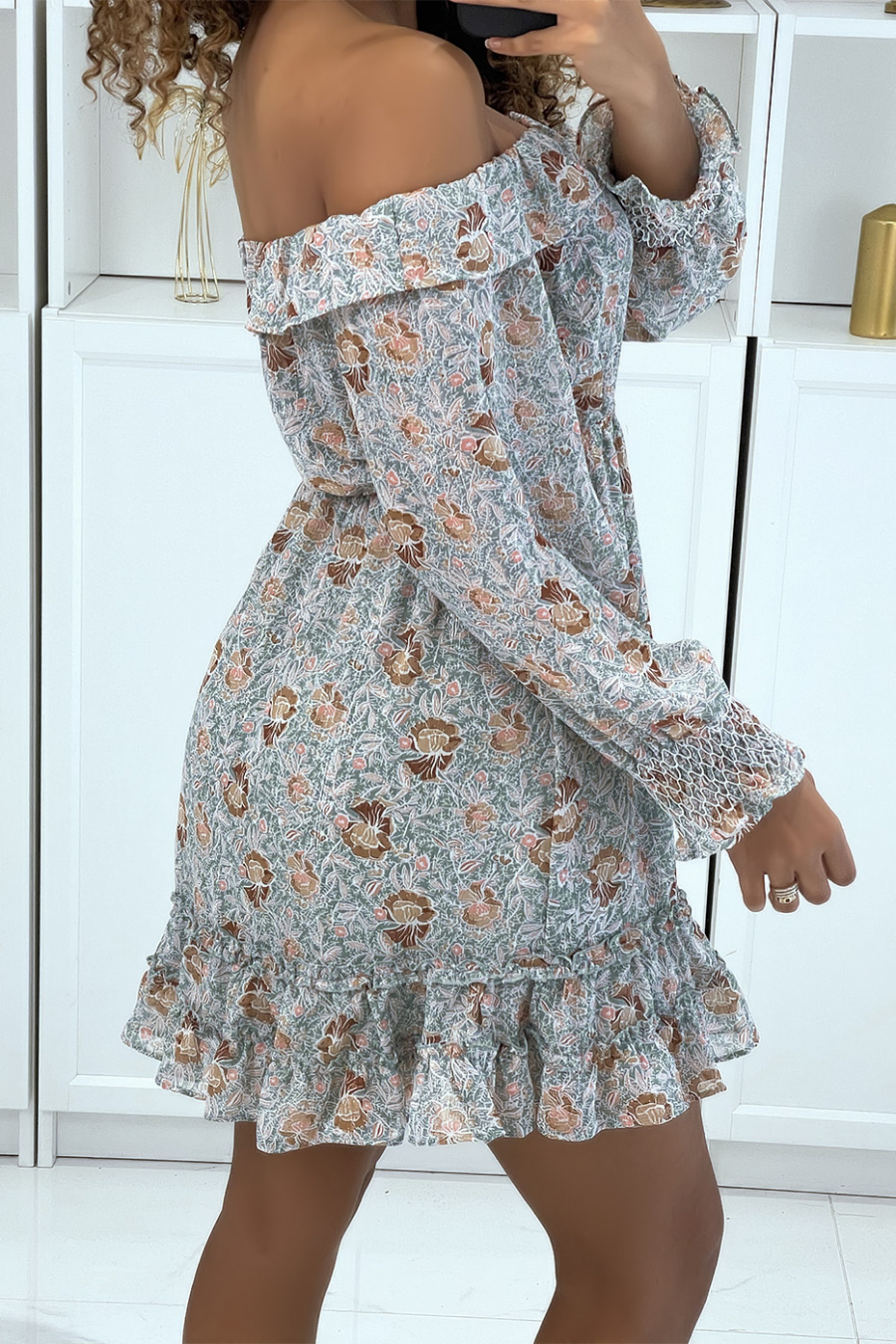 Groene skaterjurk met bloemen en drop-mouwen - 3