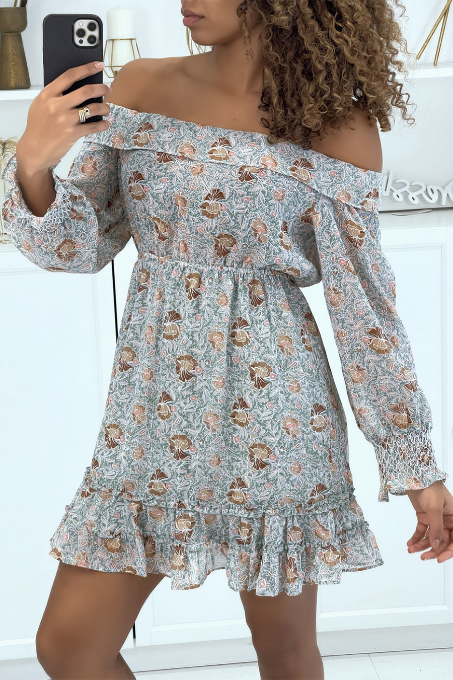 Green Floral Drop Sleeve Skater Dress - 4