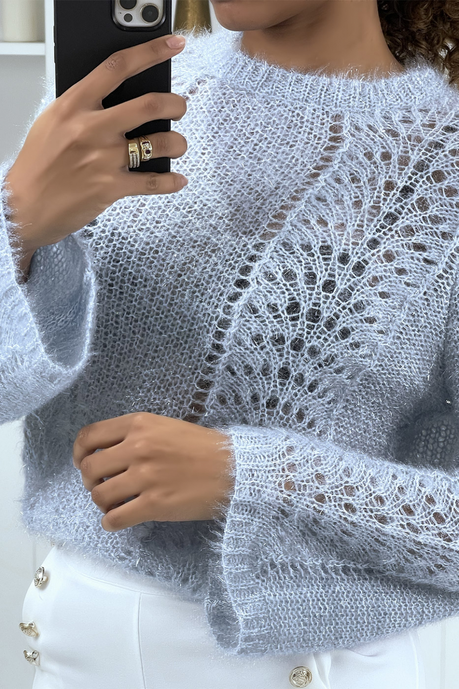 Pull bleu grosse maille pailleté - 4