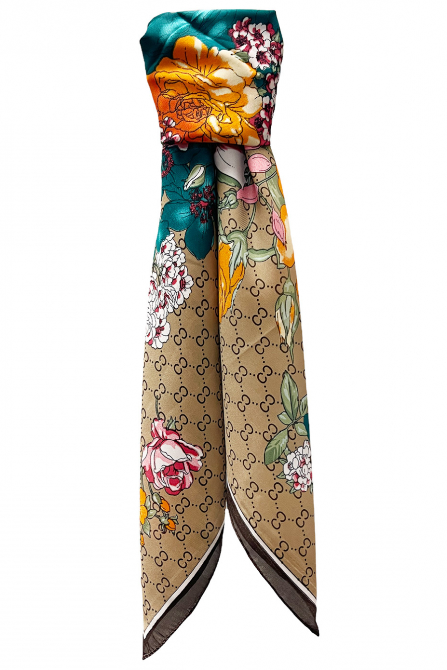 Foulard en soie marron imprimé - 1