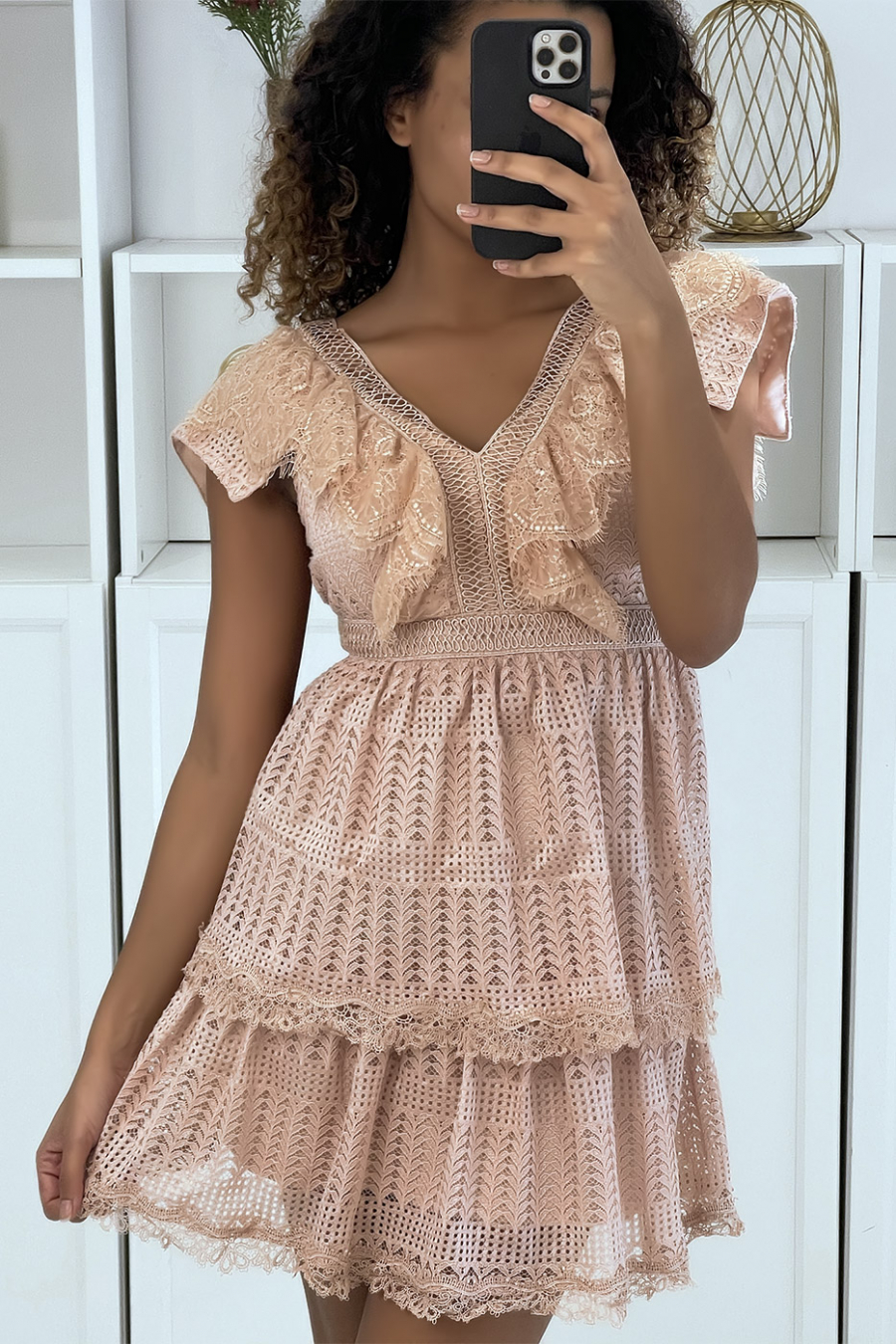 Pink lace ruffle skater dress - 1