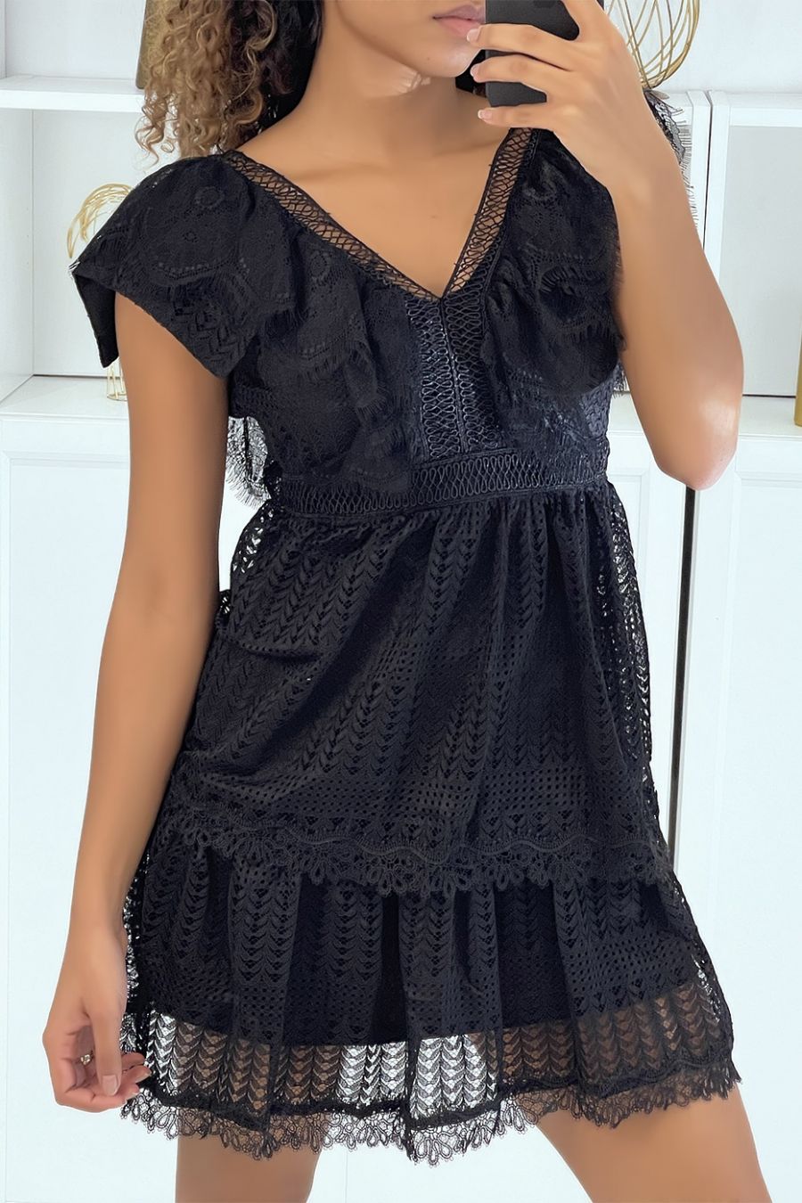 Black Lace Ruffle Skater Dress - 3