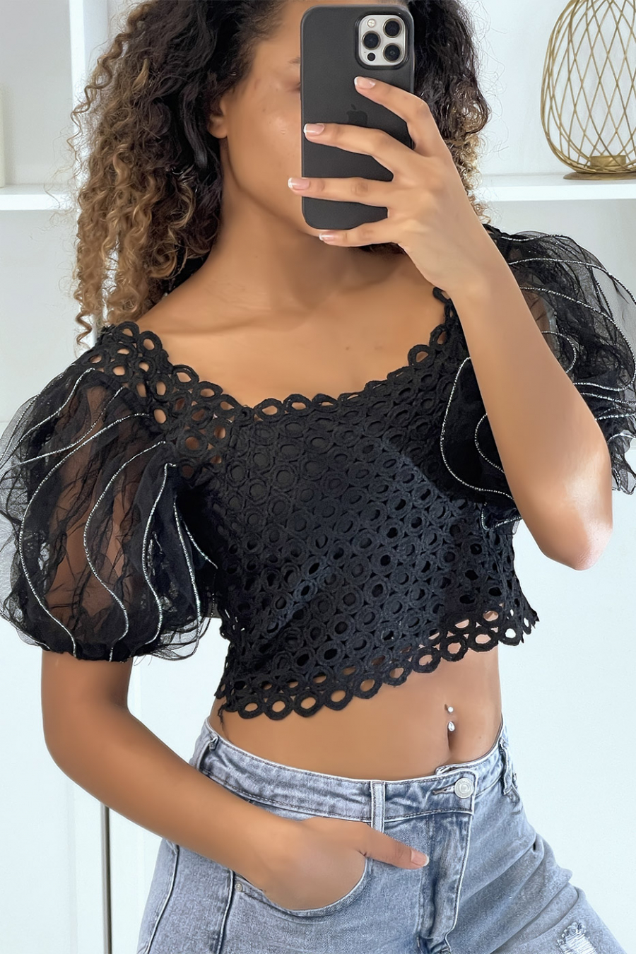 Black Puff Sleeve Crop Top - 1