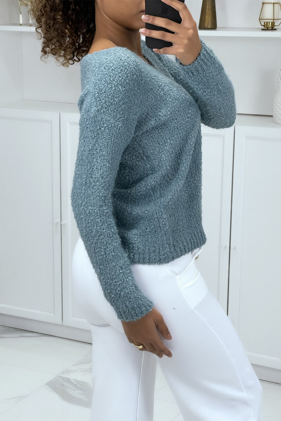 Pull col v bleu turquoise tout doux - 2