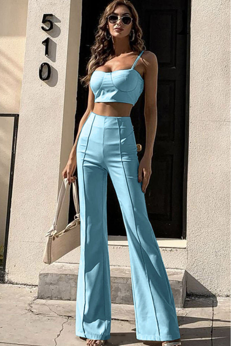 Turkooisblauwe soepelvallende crop top en broek set - 1 Turkooisblauwe soepelvallende crop top en broek set - 1