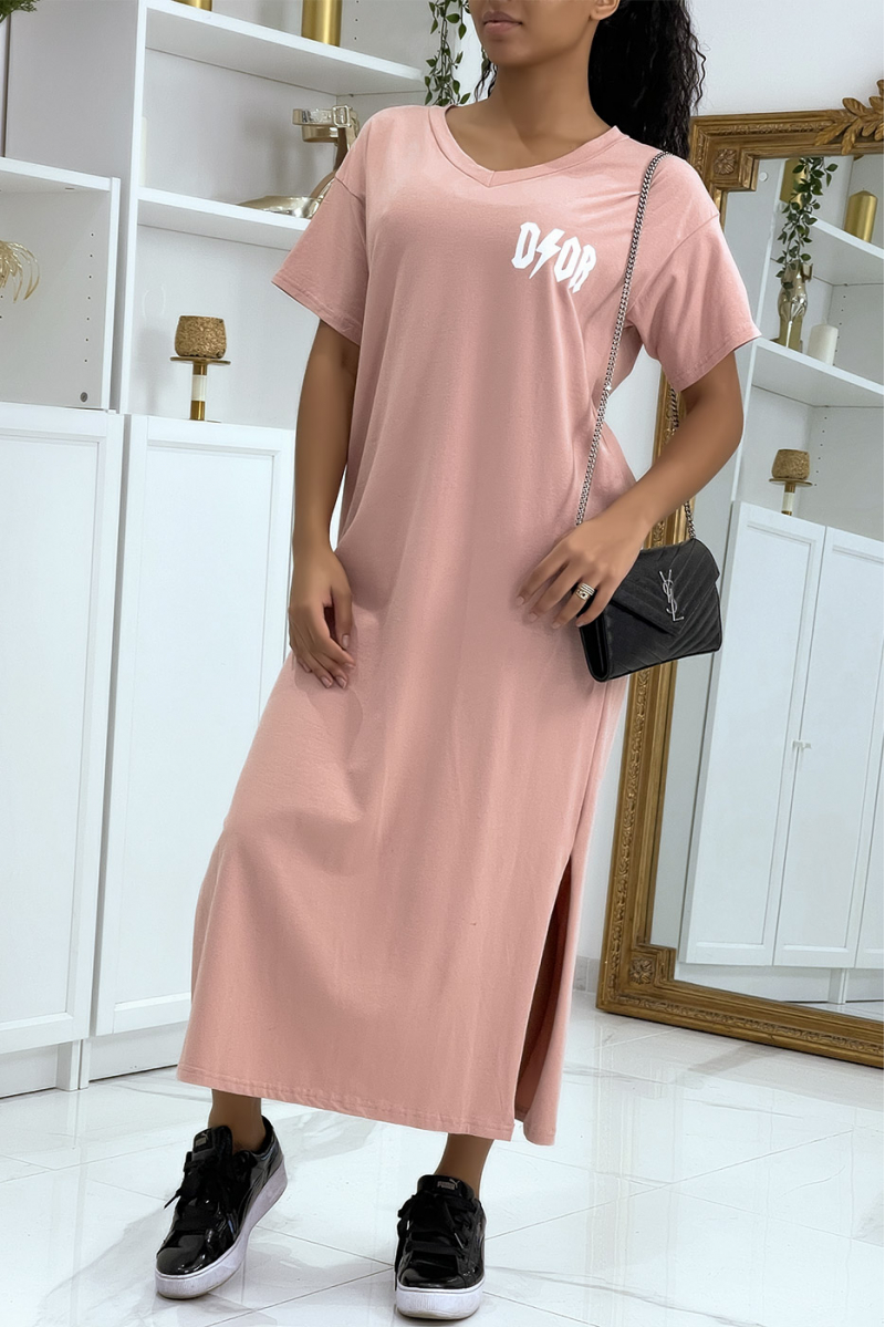 Very long pink V-neck T-shirt dress with luxury-inspired writing - 1