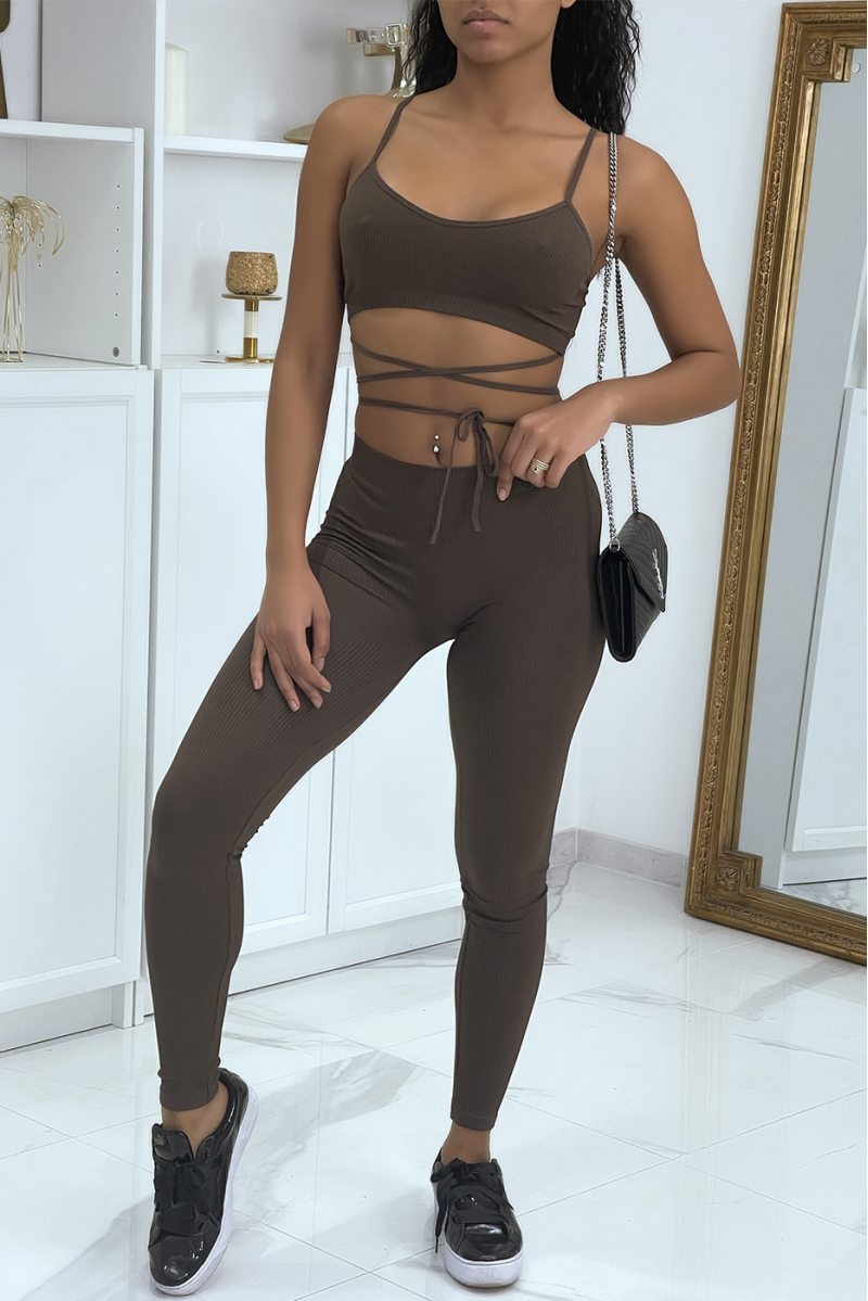 Brown bodycon set with lace up crop top - 4