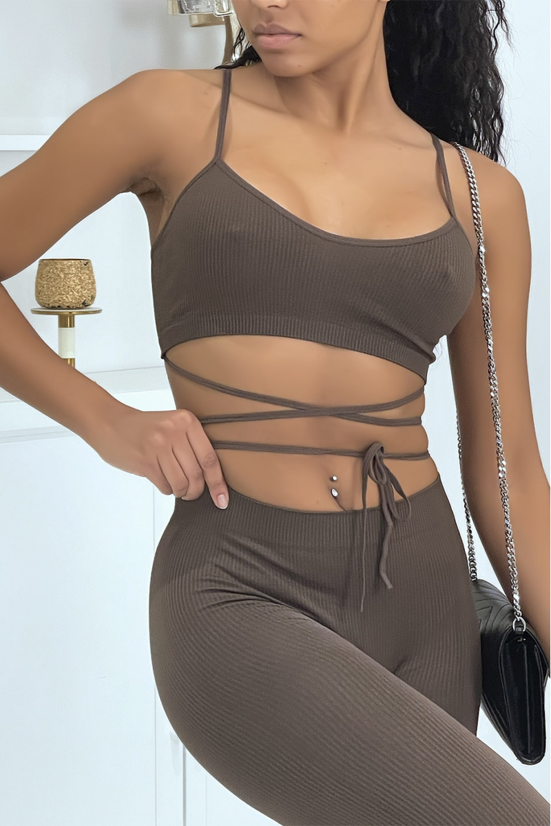Brown bodycon set with lace up crop top - 5