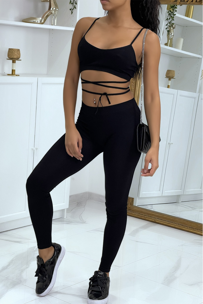 Black tight set with lace up crop top - 3