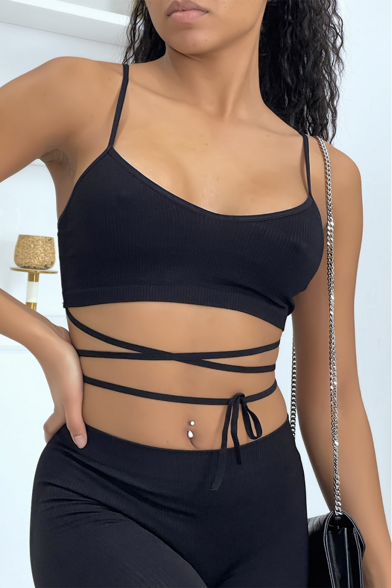 Black tight set with lace up crop top - 5