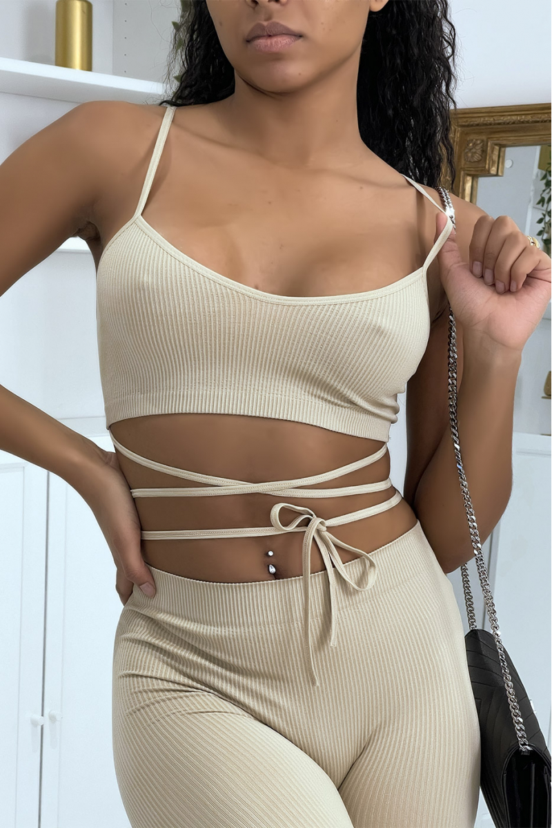 Beige bodycon set with lace up crop top