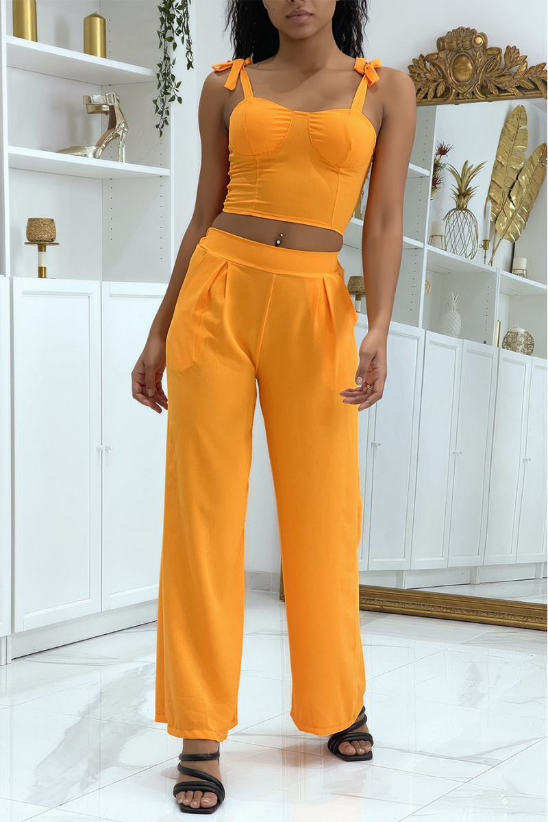 Plain orange fluid crop top and pants set - 1