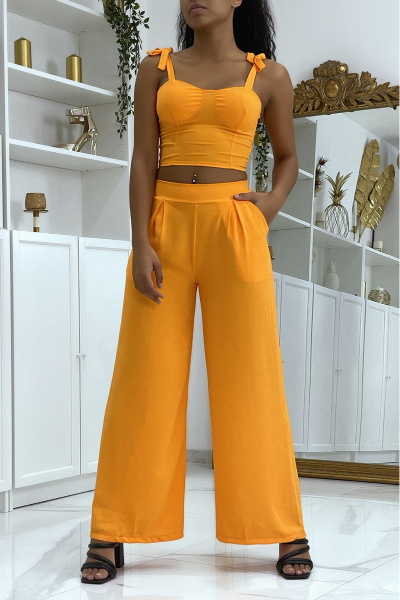 Plain orange fluid crop top and pants set - 2