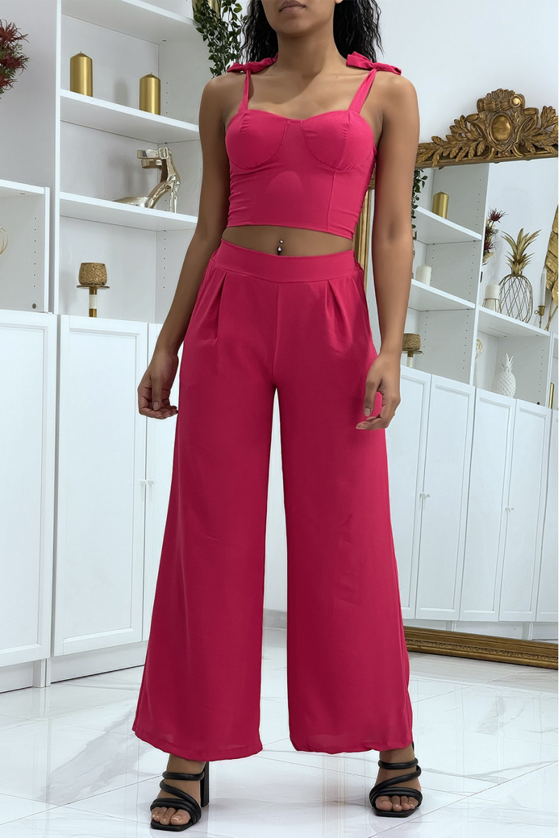 Set van effen fuchsiaroze crop top en soepelvallende broek - 2
