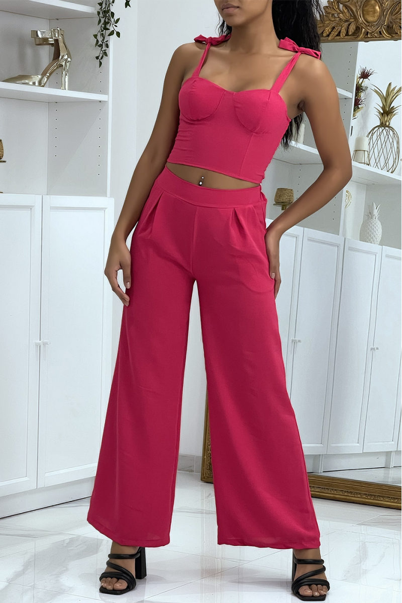 Solid fuchsia pink crop top and fluid pants set - 3