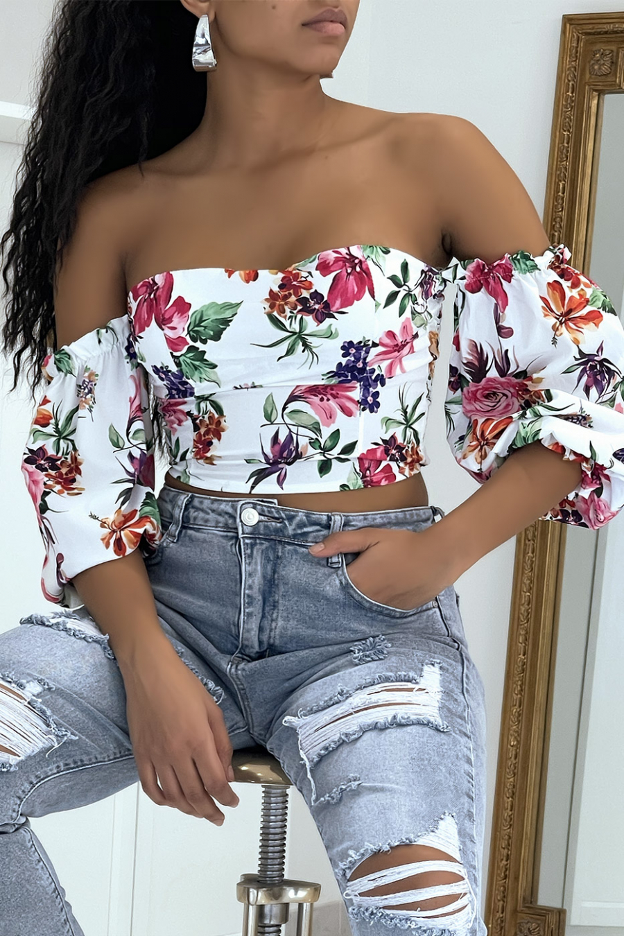 White floral bardot top
